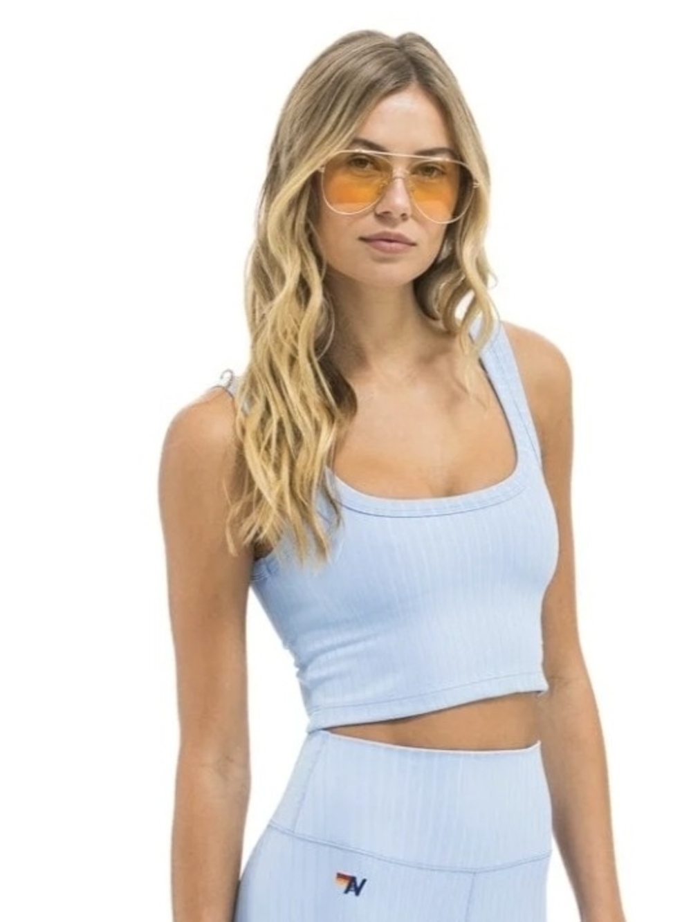 Aviator Nation Sky Blue Ribbed Scoop Neck Crop Tank Top W/Bra Sz S